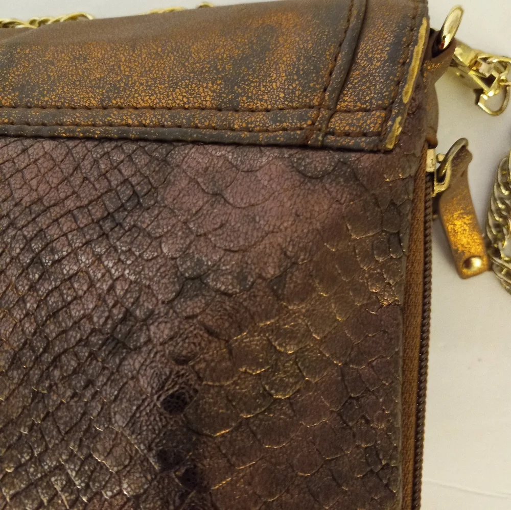 Danielle Nicole clutch crossbody bronze metallic reptile texrure chain s…